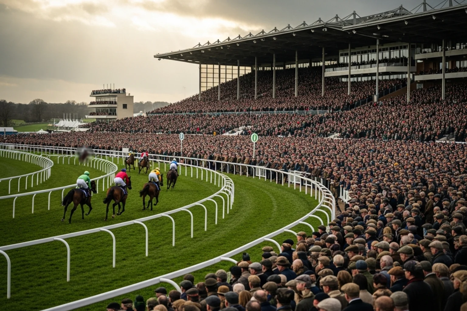 Packed grandstand at a British racecourse with horses racing on green turf under dramatic sky