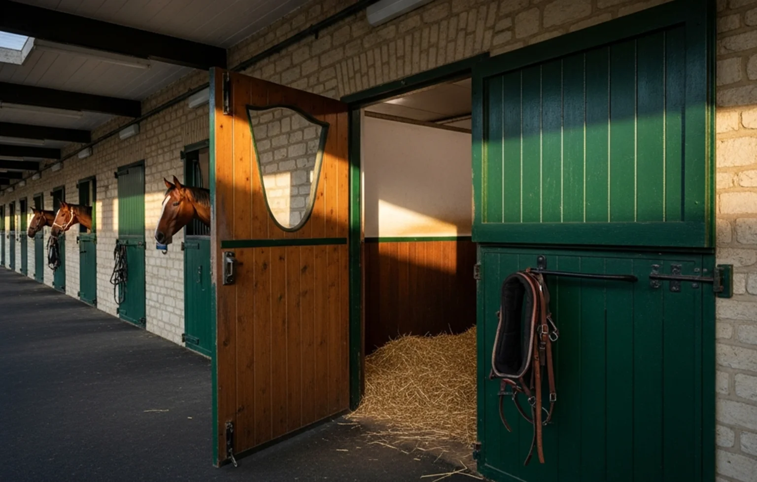 Empty horse stall at a racecourse stable yard symbolising a non-runner withdrawal