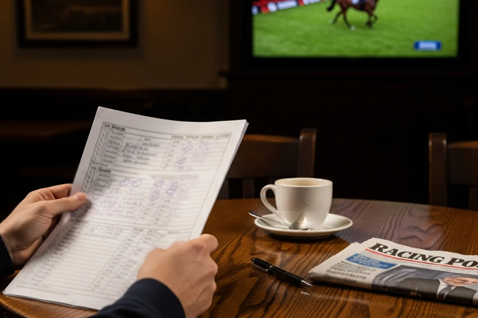 Punter reviewing a horse racing form guide with pen markings and a cup of tea at a pub table