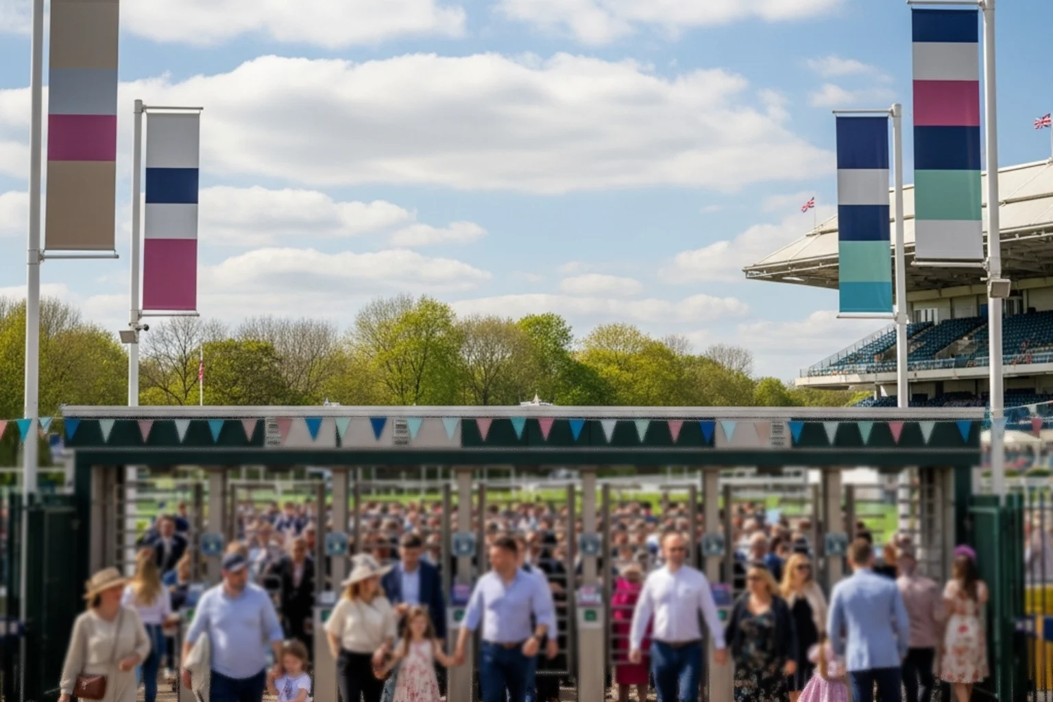 Crowds streaming through the turnstiles at a British racecourse on a sunny spring race day