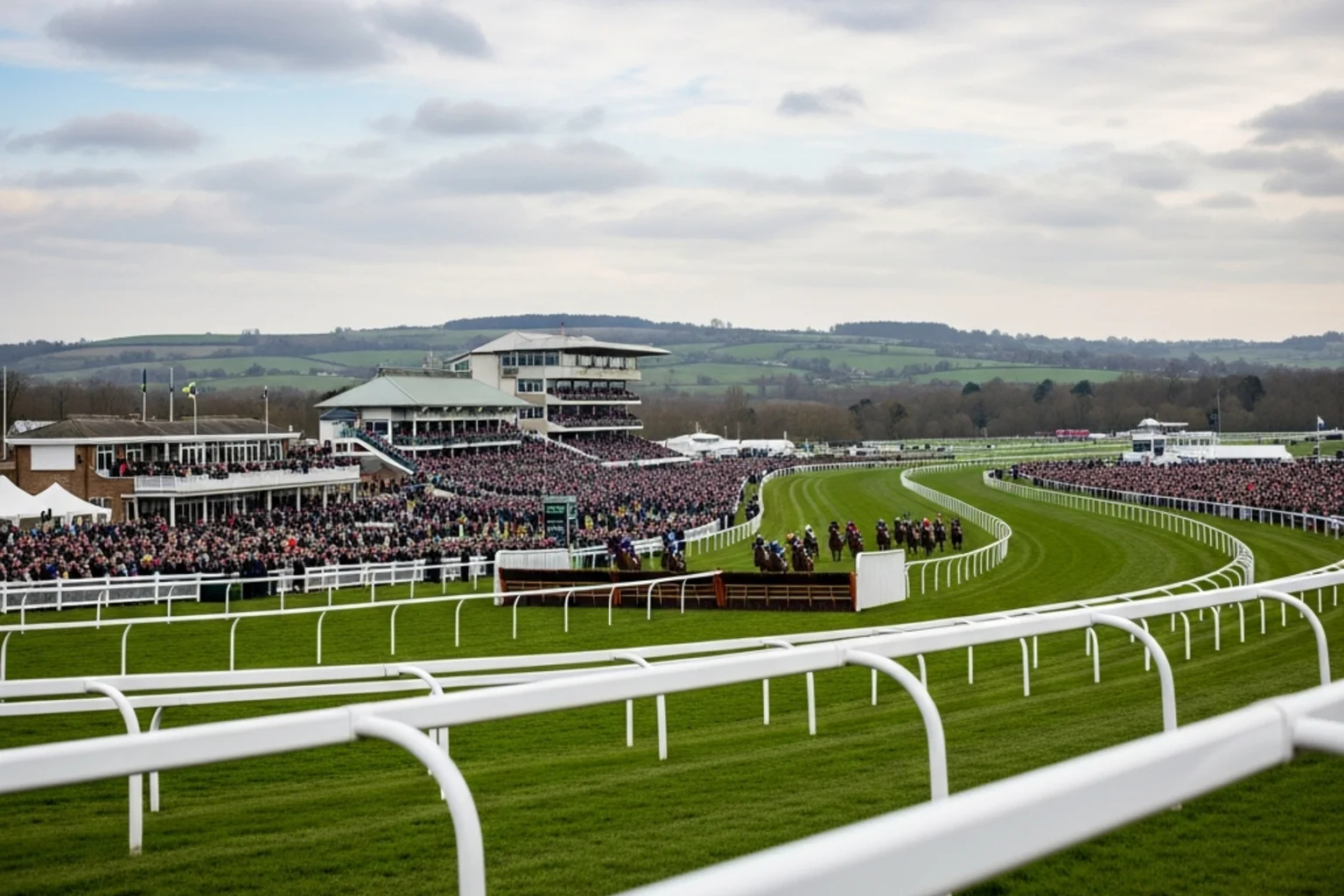 Aerial view of Cheltenham racecourse during the Festival with full grandstands and green turf