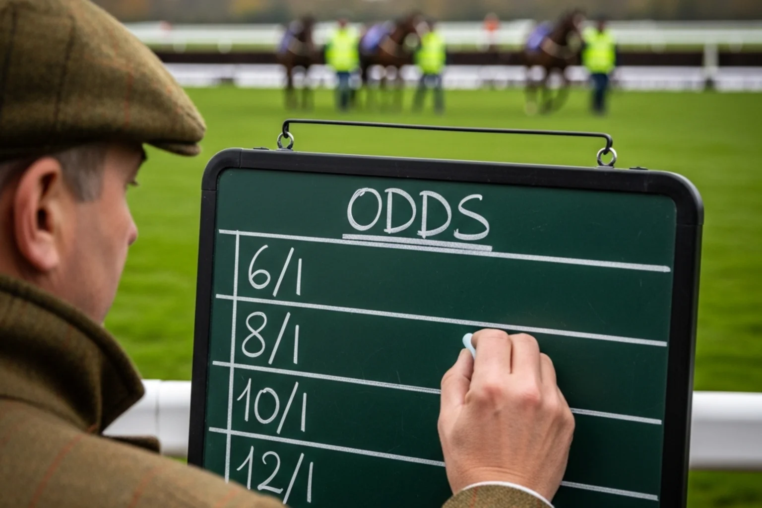 On-course bookmaker chalking odds on a board at a British National Hunt meeting